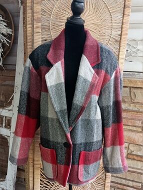 Vintage French Country Express Red Buffalo Plaid Wool-Blend Blazer Jacket_XS